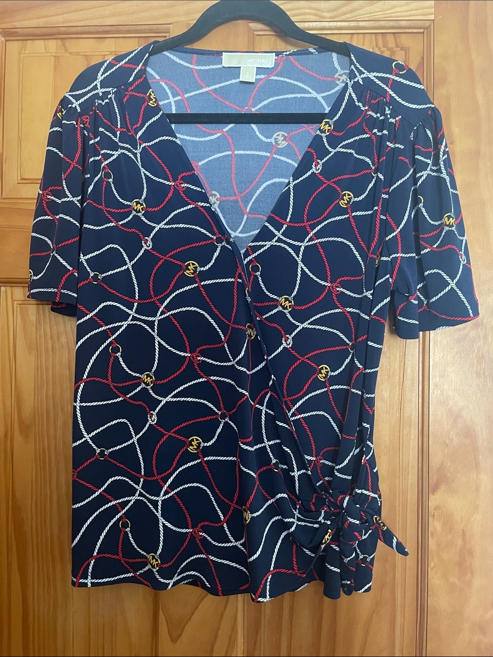 Michael Kors Navy Red White Rope-Print Wrap Blouse